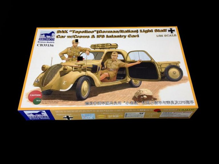 DAK "Topolino" German/Italian Light Staff Car w/Crew & IF8 Infantry Cart 1:35 Bronco Model